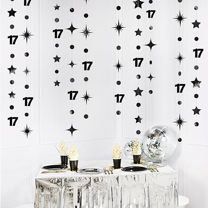 Black 17th Birthday Decorations Number 17 Circle Dot Star Garland Streamer Banner Backdrop for Girls Boys Cheers to 17 Years Old Birthday 17 and Fabulous Happy 17th Anniversary Party Supplies
