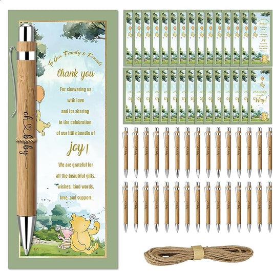 30 Pcs Winnie Baby Shower Gifts, Baby Shower Favors for 30 Guest, Baby Shower Sets, Included Bamboo Pens Greeting Cards, Gender Reveal Souvenirs Prizes, Winnie Baby Shower Decor