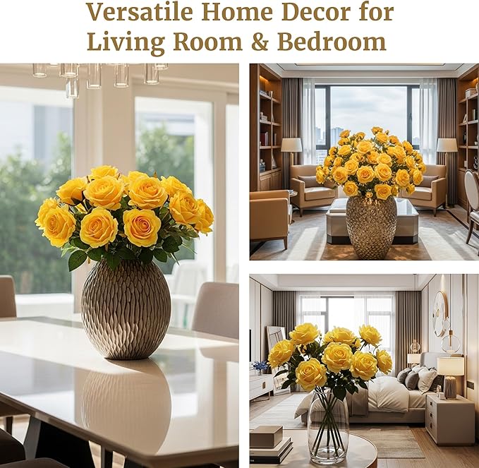 Auihiay 60PCS Yellow Roses Bulk, Yellow Velvet Silk Fake Roses, Realistic Flowers for Wedding Centerpieces, Bridal Bouquets, Home Decor, Baby Shower, Valentine's Day Party Decorations