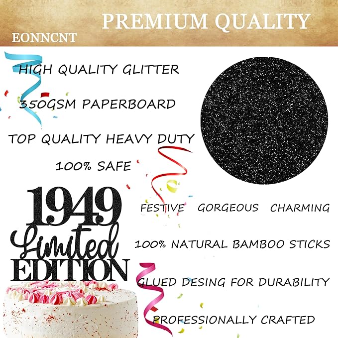 Limited EDITION 1949 Cake Topper - Black Glitter Happy 76th Birthday Party Cake Decoration Supplies, Cheer to 76 Years Cake Bunting Decor for 76th Birthday Party Photo Booth Props
