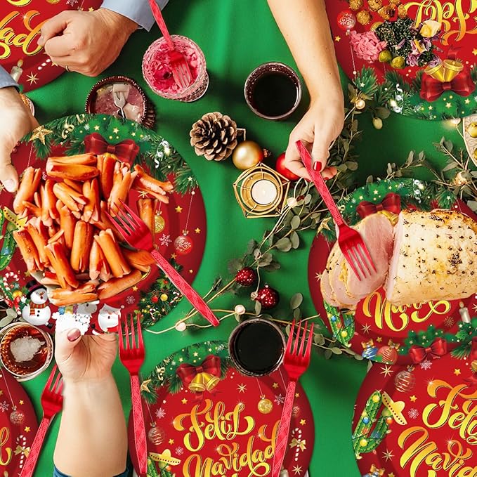 96Pcs Feliz Navidad Decorations Christmas Disposable Tableware Set - Feliz Navidad Red and Green Paper Plates Napkins Forks Mexican Spanish Christmas Party Supplies Serve 24 Guests