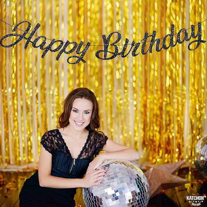 KatchOn, Glitter Black Happy Birthday Banner - Pre-Strung No DIY,10 Feet | Birthday Decorations for men, Women | Hbd Banner Backdrop For Black Party Decorations, Halloween Decorations