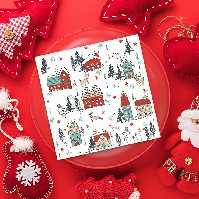 Christmas Paper Napkins Snow, House, Street 80 Pieces Party Disposable Dinner Paper Napkins for Christmas, Happy New Year