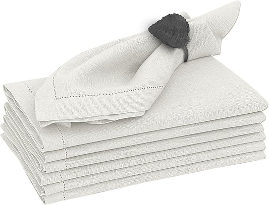 Ruvanti Premium Linen Napkins Set of 6-20x20 Inch, Classic Hemstitch, Mitered Corner Cloth Napkins ‎- Soft, Elegant Dinner Napkins Cloth Washable for Weddings, Parties, Everyday Use - Ivory