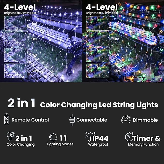 11.5ft x 5ft Color Changing Christmas Net Lights, 360 LED Bush Mesh Light with Remote, 11 Modes Color Changing White & Multicolor Christmas Lights, Plug in Fairy Twinkle Light for Yard Bush Xmas Decor