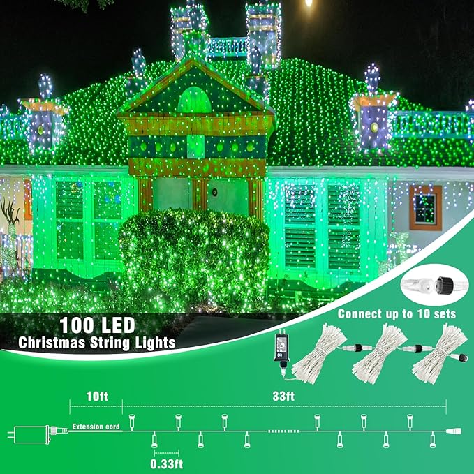 100 LED Green Christmas Lights 33ft Christmas String Lights Indoor 8 Modes Clear Wire Waterproof Plug in Twinkle Fairy Lights for Holiday Party Xmas Tree Decorations