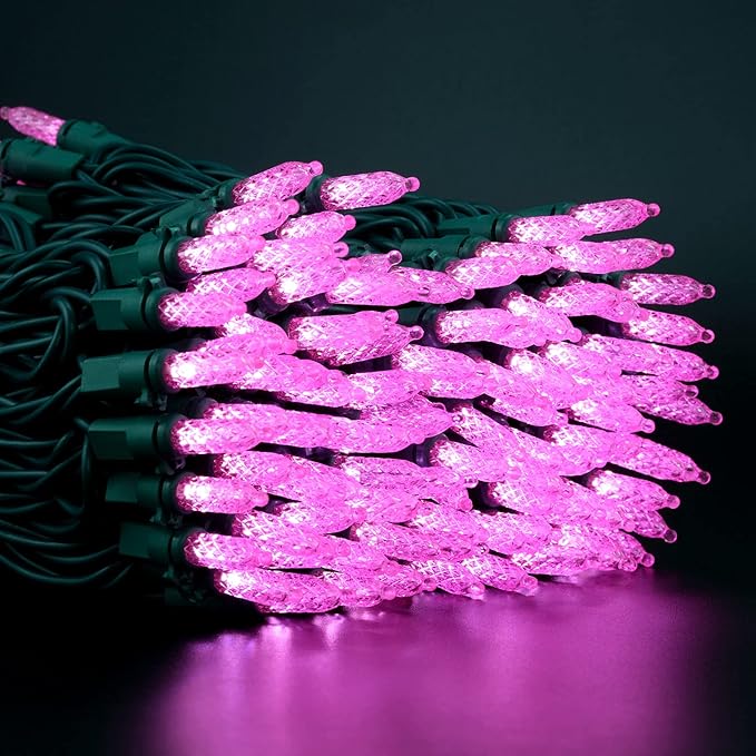 YULETIME Pink LED Faceted Christmas Lights 200 Count 50 ft, Pack of 2 Strands 25 ft 100 Lights UL Certified Commercial Grade Green Wire Mini Holiday String Light Set (Pink)