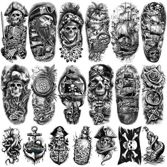 77 Sheets Pirate Temporary Tattoos Adult,Captain Anchor Compass Sailboat Tattoos, Pirate Ships Flag Skull Crossbones Sailor Fake Tattoo for Costume, Fake Arm Tattoos for Men Women Kids