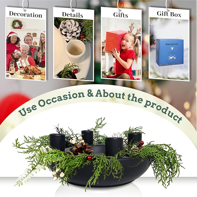Christmas Advent Wreath Candle Holder 4 Taper Candlestick Seats Black Ceramic Candle Stand for Holiday Modern Home Party Kitchen Island Table Decor (Without Candles)