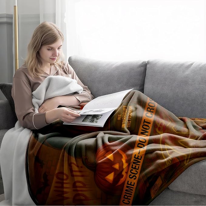 Halloween Crime Scene Blanket 60"x50" - Spooky Throw Blanket, Mystery Halloween Decor, Cozy Vintage Flannel Blanket, Scary Bedding for Parties, Unique Gift for Mystery Lovers