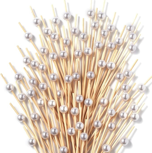 CATIFLIN 300PCS White Pearl Cocktail Picks, 4.7" Bamboo Toothpicks for Appetizers, Fancy Food Sticks for Party, Wedding, Charcuterie, Fruit, Dessert, Drinks, Buffet Decor