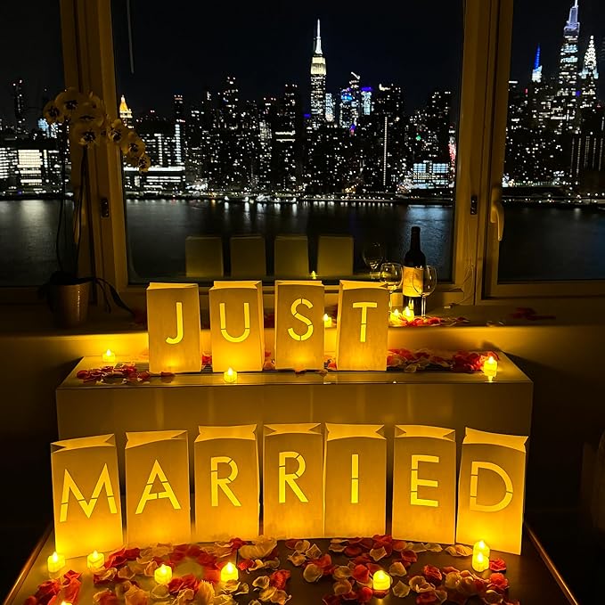 Just Married Light up Letters with Tea Lights Candles and Rose Petals Included - Luminary Paper Bags to be Used as Just Married Banner and Just Married Decorations for Your Loved One