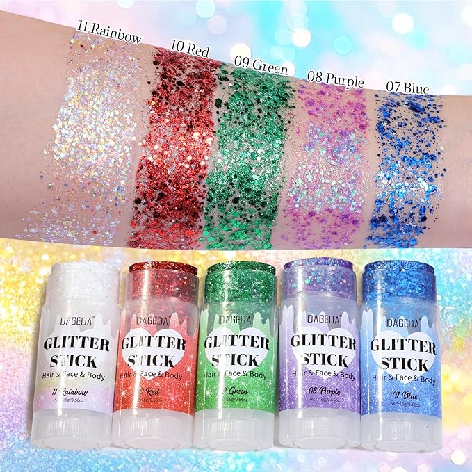 DAGEDA Green Body Glitter Stick,St Patricks Day Accessories,Sparkly Face Glitter Makeup,Holographic Hair Glitters Rave Outfits for Women, Shimmer Face Paint Stick for Mardi Gras Singer Concert