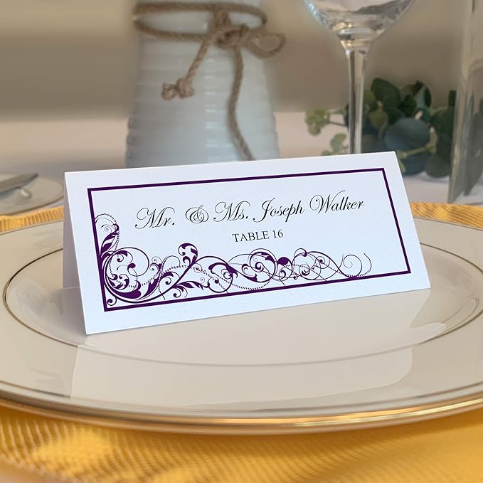 Scribble Vintage Swirl Place Cards, Eggplant (Choose Color), Set of 25, Pre-cut and Scored - Wedding, Party, Dinner, and Special Events - Made in the USA