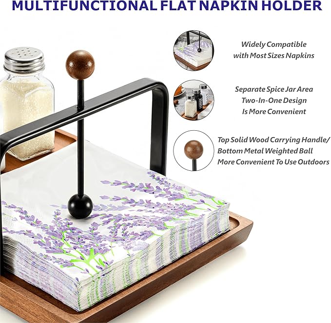 Wooden Napkin Holder – Multifunctional Napkin Holder for Table & Kitchen, Includes Space for Condiments – Perfect for Home, Kitchen, and Holiday Gatherings