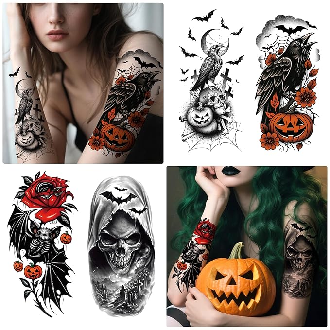 77 PCS Halloween Temporary Tattoos Adult Kids, 17 PCS Half Arm Pumpkin Bat Crow Witch Skull Fake Tattoos, 60 PCS Spider Cat Ghost Scar Tiny Realistic Face Body Tattoos Stickers for Halloween Costume