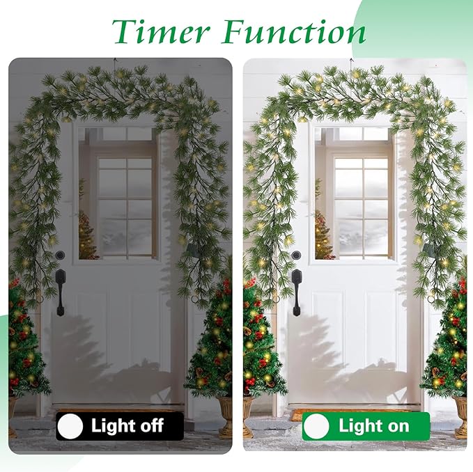 6FT Lighted Cedar Pine Garland with Timer, Battery Operated Christmas Garland with Greenery Pine Needles for Indoor Outdoor Holiday Office Home