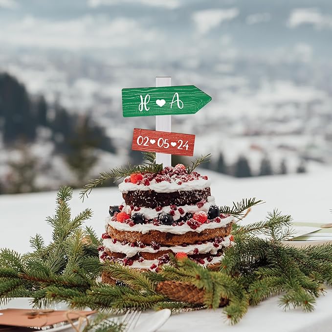 Personalized Rustic Wedding Cake Topper in Wood Custom Bride & Groom Names Initials Wedding Date Cake Decoration (Christmas)