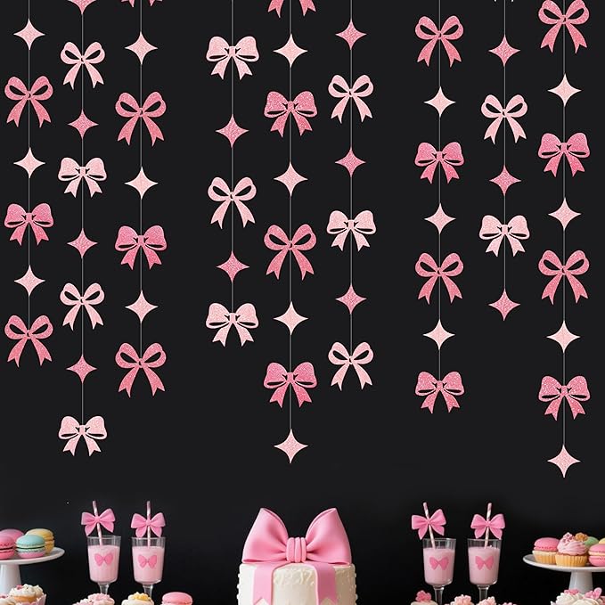 Pink Bow Decorations Pink Glitter Paper Star Bow Hanging Garland Streamer Banner for Coquette Birthday Bridal Shower Wedding Anniversary Bachelorette Engagement Baby Shower Party Decorations Supplies