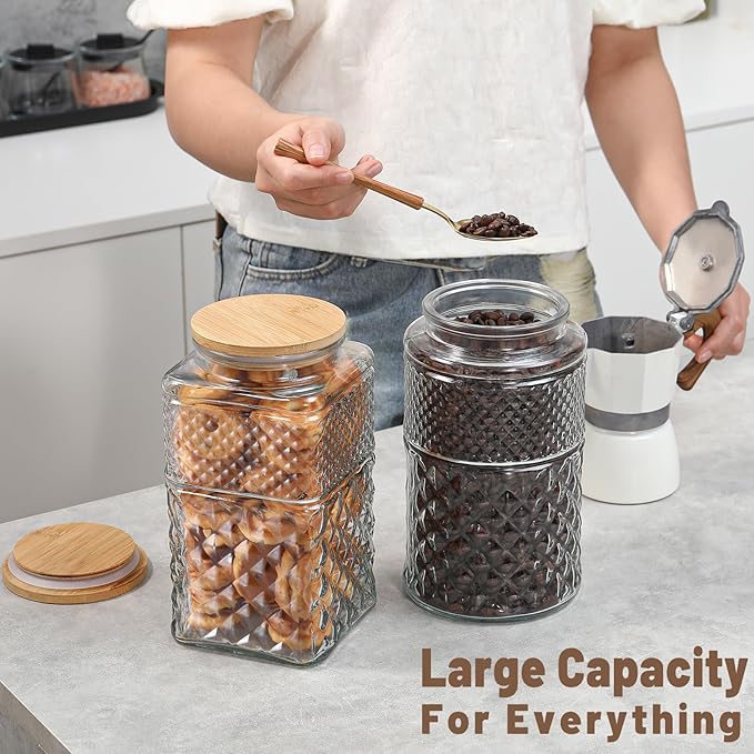 90 OZ Cookie Jars, 2600ml Glass Jars with Airtight Lids, Vintage Decorative Glass Storage Containers with Bamboo Lids for Coffee Candy Sugar, Candy Jar Coffee Canister 90oz.Square&Square
