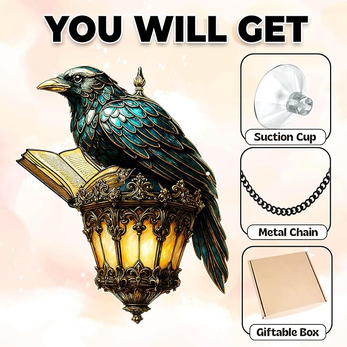 Gothic Halloween Crow Decoration, Raven Lamp Acrylic Suncatcher, Black Bird Window Hanging Ornament, Witchy Spooky Sun Catcher Gift for Women, Friends, Bird Lovers, Halloween, Fall, Christmas Décor