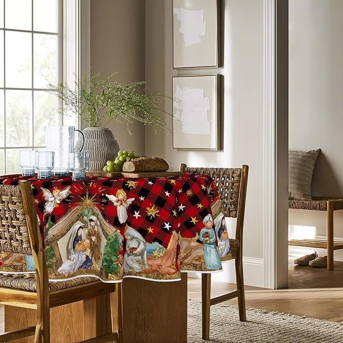 Horaldaily Christmas Tablecloth 60×60 Inch Round, Holy Nativity Red Buffalo Plaid Washable Table Cover for Party Picnic Dinner Decor