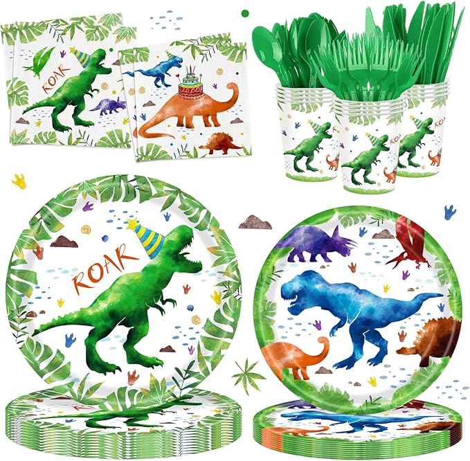 140 Pcs Watercolor Dinosaur Party Supplies Dinosaur Theme Birthday Party Decoration Includes Plates Cups Napkins Knives Forks Spoons Tableware for Boys Birthday,Serves 20 Guests