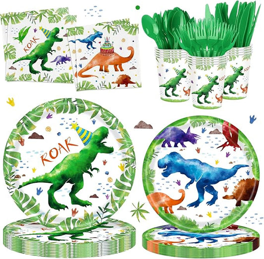 140 Pcs Watercolor Dinosaur Party Supplies Dinosaur Theme Birthday Party Decoration Includes Plates Cups Napkins Knives Forks Spoons Tableware for Boys Birthday,Serves 20 Guests