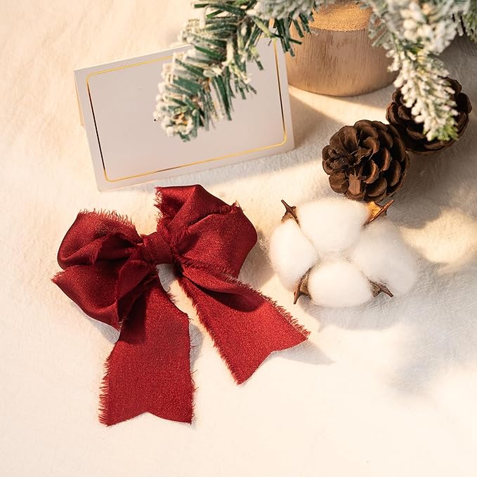 Satin Silk Ribbon, Red Christmas Ribbon for Wrapping, 1-1/2 inch x 15 Yd Handmade Frayed Fringe Ribbons, for Christmas Tree Holiday Birthday Valentine's Day Showers Crafts Bouquet, 3 Rolls