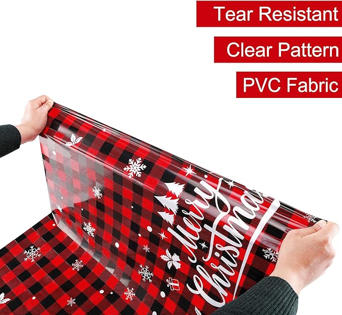 Mornajina 4 Pack 108 x 54 Inch Buffalo Plaid Plastic Tablecloths Rectangle Disposable Xmas Tablecloths Christmas Table Cover for Christmas Party Decoration