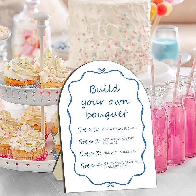 Blue Bow Ribbon Bouquet Bar Wooden Sign, Bride Shower Flower Bar Station, Baby Shower Bow Welcome Tabletop Sign Decor, Bridal Shower Bouquet Signs, Floral Table Signs for Gender Reveal Parties, 8x10