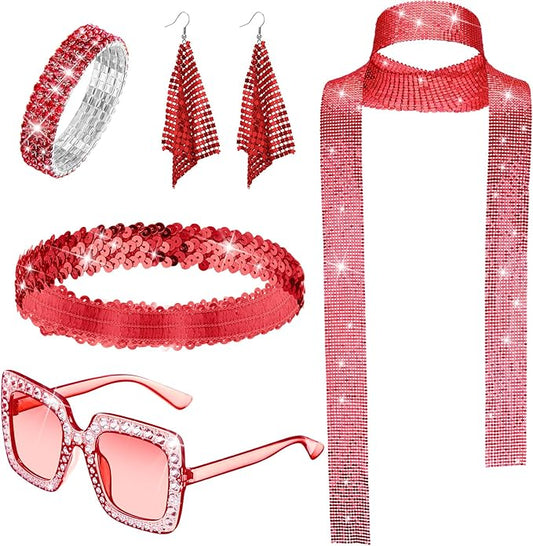 Sasylvia 5 Pcs 70s Disco Accessories Halloween Women Costume Jewelry Sequin Scarf Earrings Sunglasses Bracelet Headband