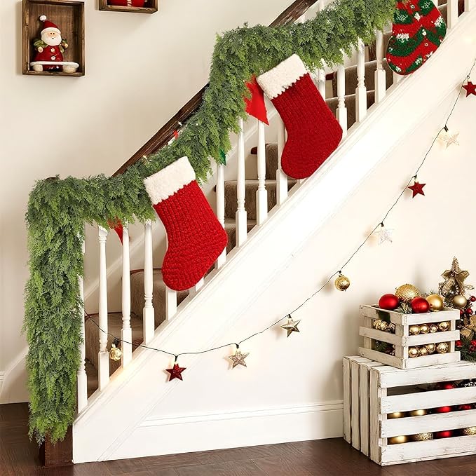 Real Touch Christmas Cedar Garland -6ft Artificial Garlands Faux Cedar Fake Pine Needles Garland for Fireplace,Table,Window,Stairs,Mante,Holiday Indoor Outdoor Xmas Decor(2PCS)