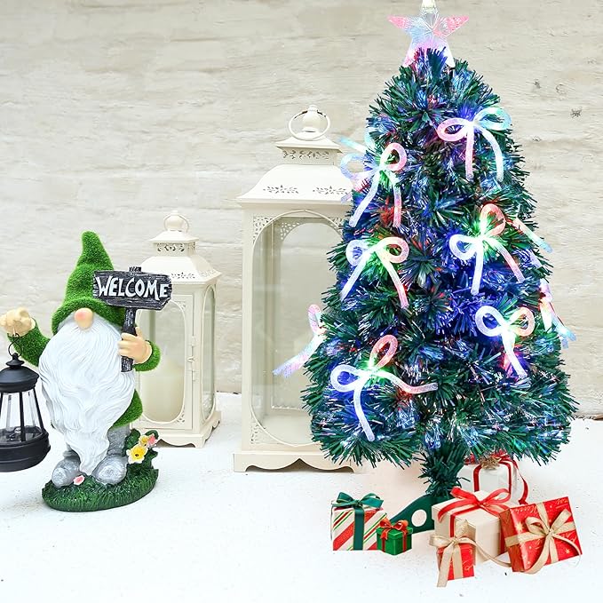 Joyhalo 3 FT Fiber Optic Mini Christmas Tree, Pre Lit Christmas Tree, Table Top Small Christmas Trees with Star Tree Topper，Bows, Metal Stand