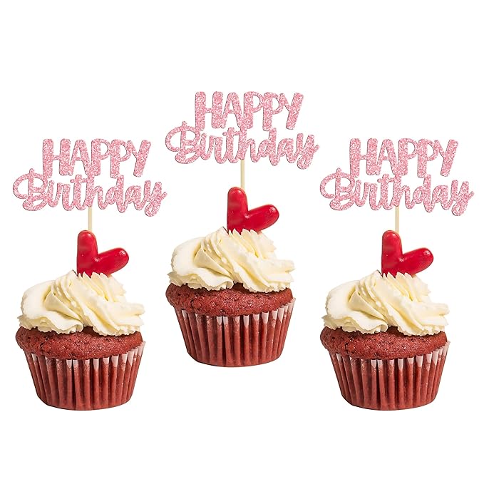 Gyufise 24pcs Happy Birthday Cupcake Toppers - Pink Glitter Celebrating Cake Picks - Baby Shower & Kids Party Decoration Supplies