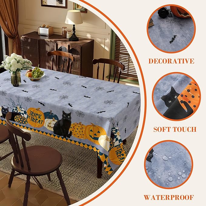 Halloween Waterproof Tablecloth – Spooky Pumpkin, Black Cat, Bat & Spider Web Design – Gray Holiday Table Cover for Party, Dining, and Home Decor, W60 x L144 in