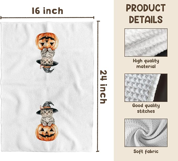 TNUW Halloween Witchy Cat Pumpkin Kitchen Towels 16x24 Inch, Cat Mom Lovers Gifts Dish Tea Towels for Kitchen, Halloween Witch Kitten Spooky Pumpkin Decorative Hand Towel for Bathroom Decor Catpumpkin