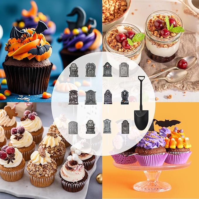 Halloween Cupcake Toppers Cake Decorations Tombstones Graveyard Skull Cupcake Toppers Pick Decor with Novelty Mini Shovel Spoons for Halloween, Birthday Party Decoration Supplies, 24 Pieces