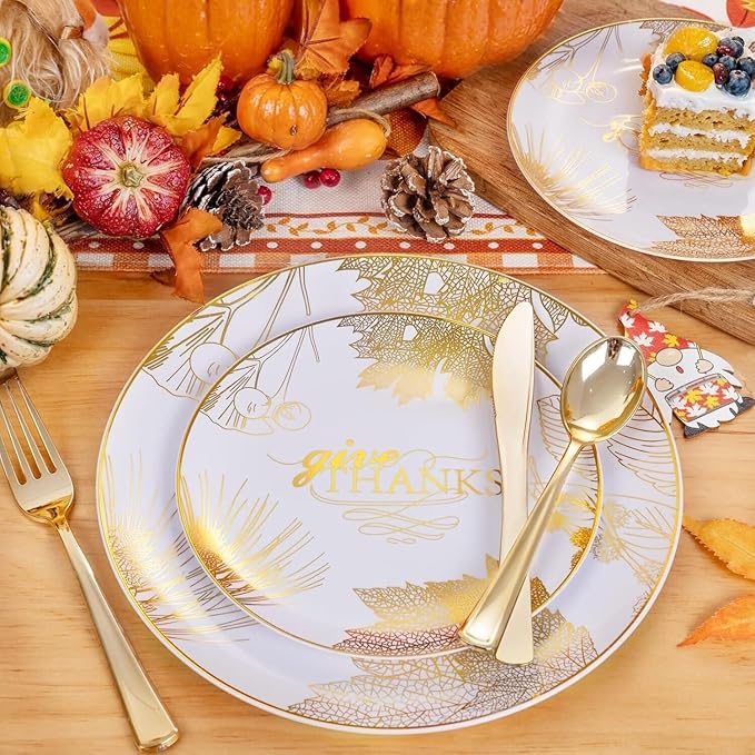 125PCS Thanksgiving Plastic Plates - Gold Disposable Dinnerware Sets - Thanksgiving Maple leaf Plates with Silverware for 25 Guests for Autumn Harvest Party Decor