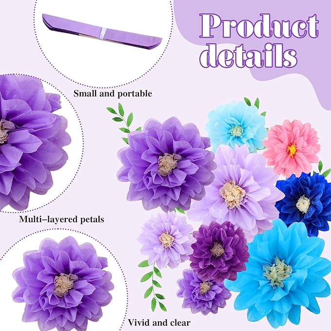 Geyee 18 Pcs Mexican Paper Flowers Colorful Fiesta Tissue Paper Flowers Pom Poms Mexican Carnival for Floral Party Backdrop Wedding Birthday Party Craft, 6" 8" 10"(Blue Purple Series)