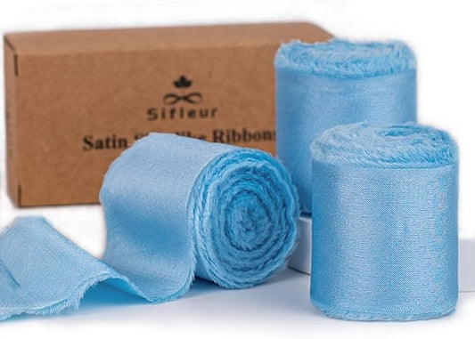 Satin Silk Ribbon, Light Blue Ribbon for Wrapping, 1-1/2 inch x 15 Yd Handmade Frayed Fringe Ribbons, for Wedding Engagement Birthday Shower Craft Flower Bouquet Invitation Decor, 3 Rolls
