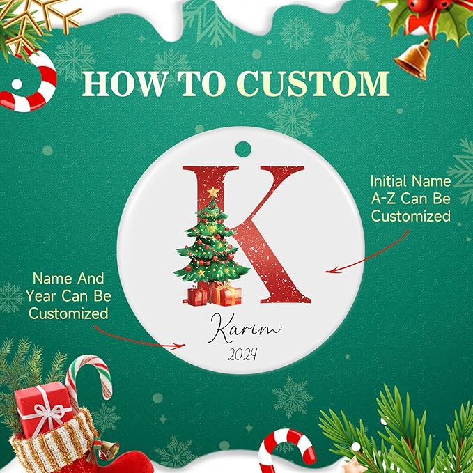 Letter Name Ornaments, Personalized Christmas Ornaments, Custom Initials Ornaments A-Z Monogram Ceramics Name Christmas Decorations
