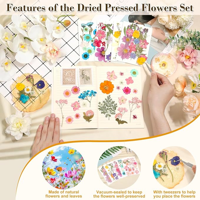 120 PCS Real Pressed Flowers, Natural Dried Pressed Flowers for Resin, Dried Florals Dry Flowers Leaves Kit with Tweezers for Scrapbooking DIY Art Crafts, Mother’s Day Birthday Gift
