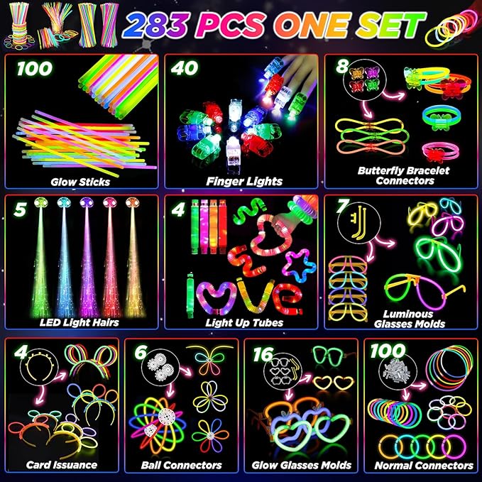 Halloween Party Supplies Glow in the Dark Party Favors for Adults Kids, 27 Carnival Accessories, 56 LED Light Up Toys Bulk, 100 Glow Sticks Party Pack, Neon Party Supplies & Decorations
