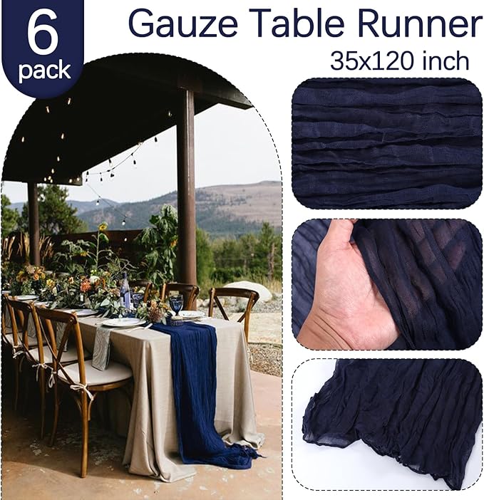 6 Pack Navy Blue Cheesecloth Table Runner 10FT Boho Gauze Fabric Blue Cheese Cloth 35 x 120 Inch Rustic Sheer Table Runner for Wedding Decor Baby Shower Party Decoration