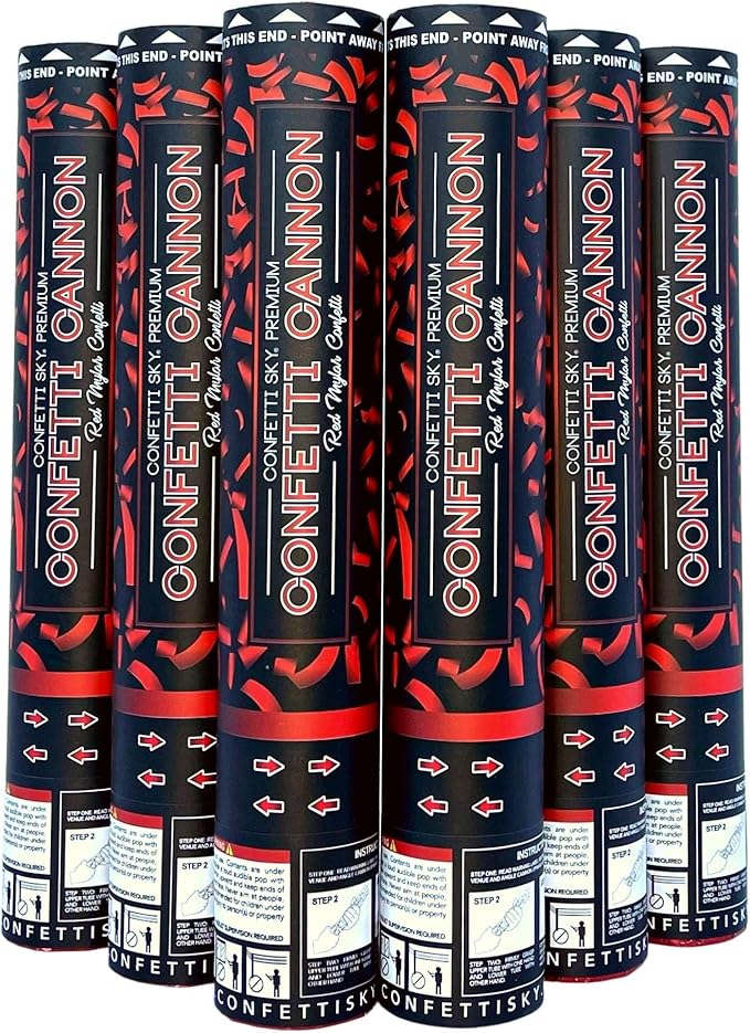 Confetti Sky [6 Pack] 12 Inch Confetti Cannons | Red Confetti Poppers for Wedding Celebration, Birthday Party, Pranks, Graduation, Christmas Eve and New Year Celebration
