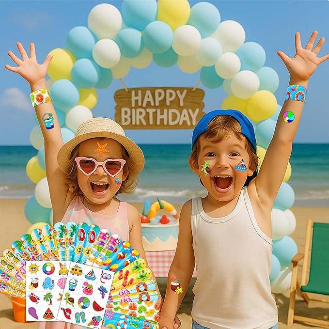 48PCS Beach Party Favors – 24PCS Temporary Pre - cut Tattoos & 24PCS Slap Bracelets – Summer & Ocean-Themed Birthday Supplies, Baby Shower Gifts, Classroom Rewards & Party Decor for Kids