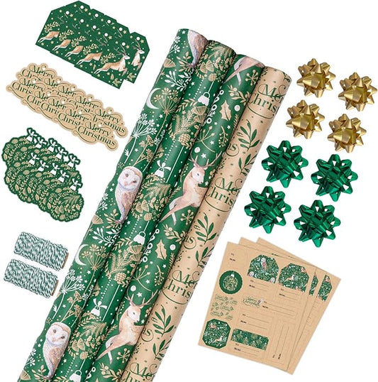 RUSPEPA Christmas Wrapping Paper Set, Jumbo Roll, 4 Rolls Green Owl Reindeer Ball Design Kraft Gift Wrap with 8 Bows, 2 Spools of Bakers Twine, 30 Stickers and 30 Gift Tags, 30 Inch x 10 Feet Per Roll