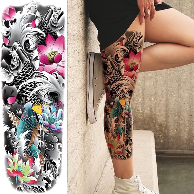 Realistic Fish Temporary Tattoo Sleeve for Women Leg, 4-Sheet Full Arm Color Fish Flower Fake Tattoo Sleeve Adult Girl and 4-Sheet Large Fish Floral Half Temp Tatoo Sticker Thigh Makeup Body Art
