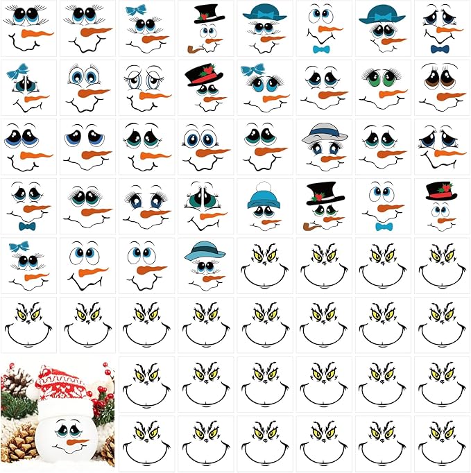 60 Pcs Christmas Face Stickers for Crafts Small 2 inch Vinyl Rub on Transfers UV Snowman Faces Pitcher Decals for Ornaments Glass Drinking Cups Wood Bowl Decorations Balls Party Supplies (snow60)